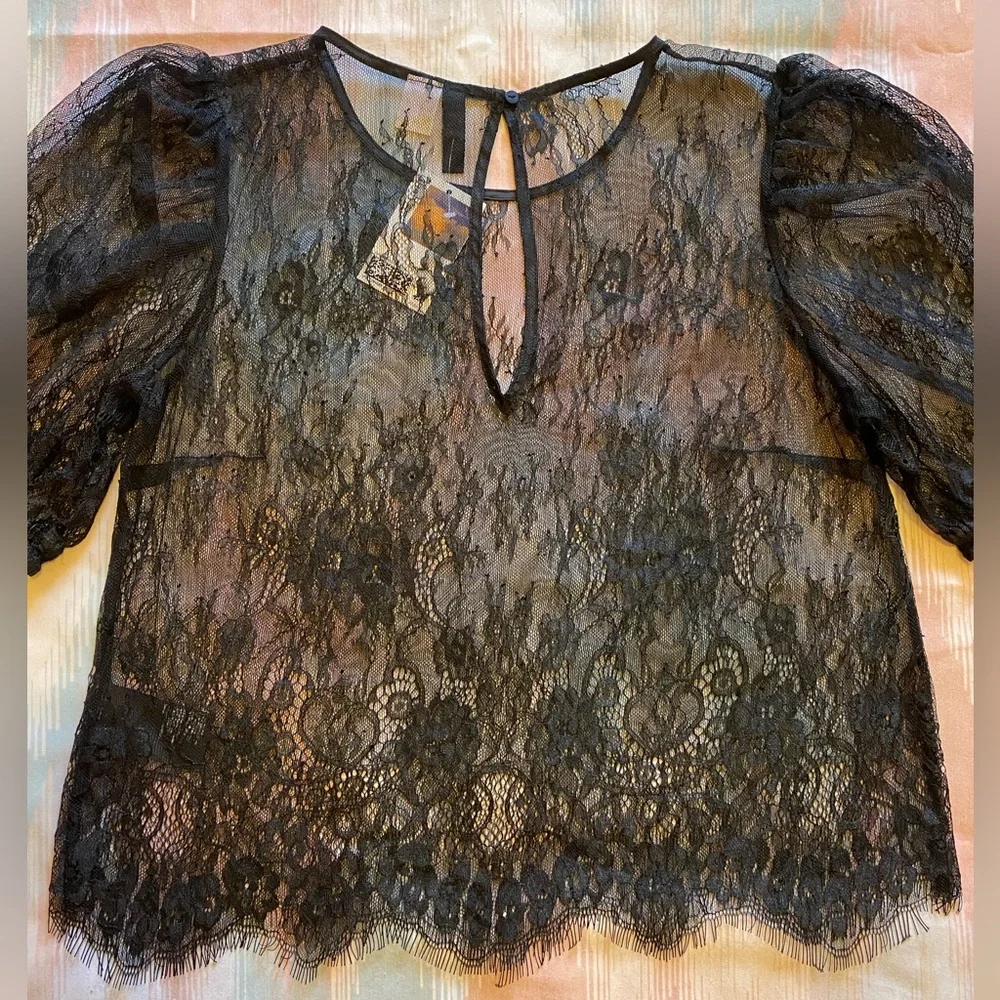 Divided Black Puff Sleeve Floral Lace Top - Picture 11 of 11
